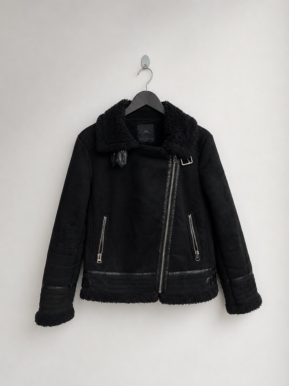 Zara Faux Suede Moto Jacket for women in size Medium featuring a borg lining, asymmetric zip closure