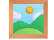 Picture frame with a landscape of mountains, sun, and clouds.