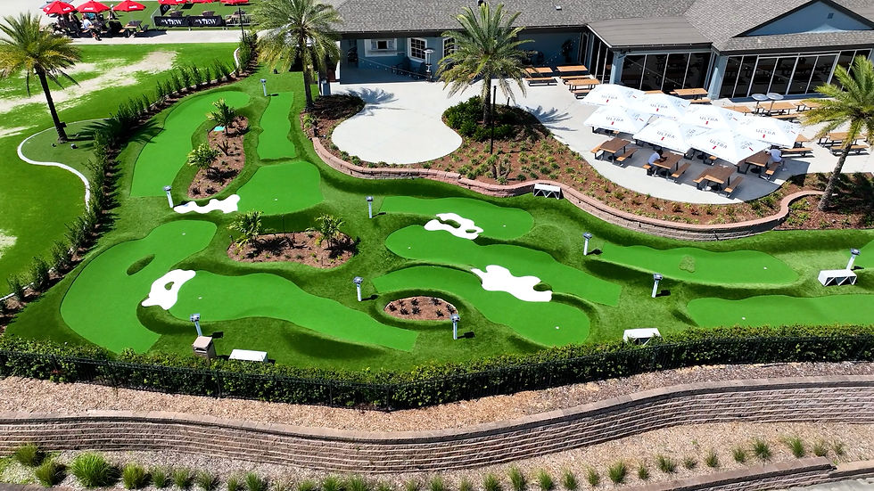 Luxury outdoor mini golf environment with resort-style lighting and landscaped putting areas