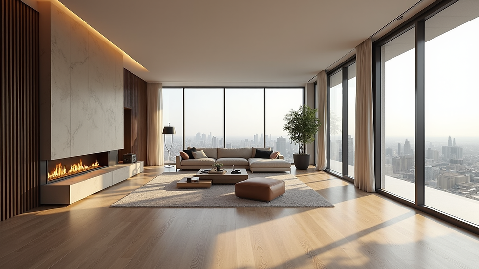 Eye-level view of a spacious penthouse living area with large windows and open plan design