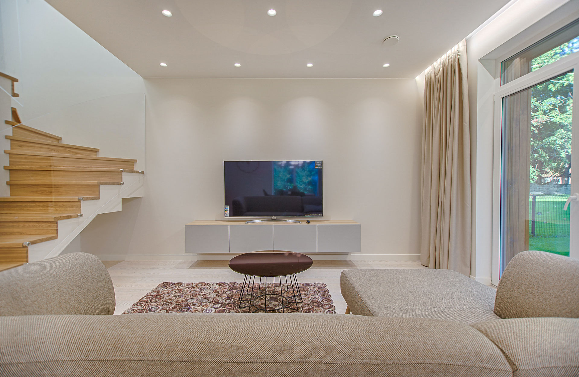 Ceiling spotlights in modern living room