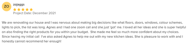 testimonial for interior design consultation service provided to a client online