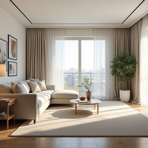 Eye-level view of a spacious modern living room with natural light