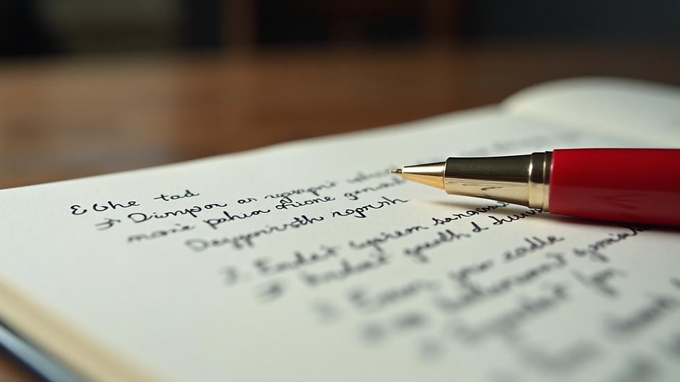 Eye-level view of a manuscript with editing notes and a red pen