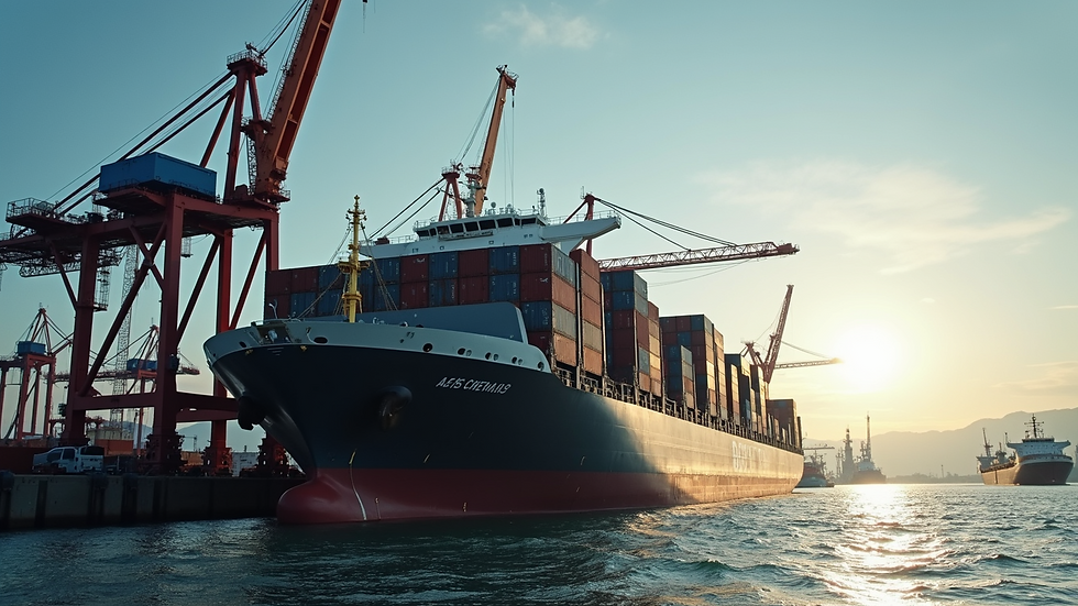 Eye-level view of a large cargo ship docked at a busy port