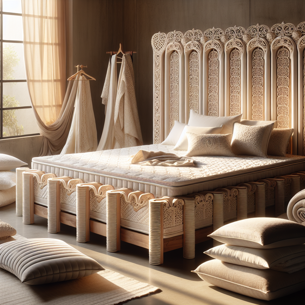Customs officer inspects stacked mattresses and bedding products in a shipping warehouse, focusing on HTS 9404 imports