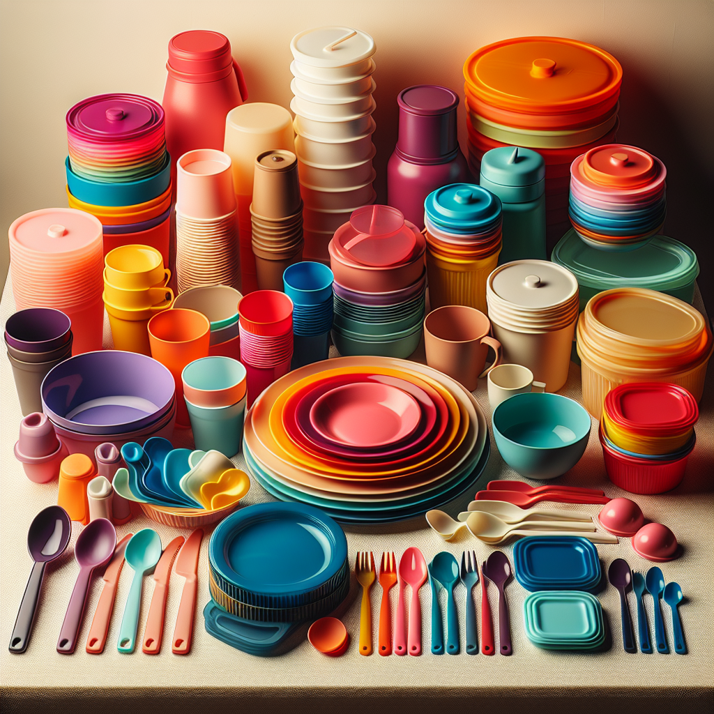 Warehouse shelves with assorted plastic tableware and household items, representing HTS 3924 trade.