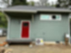 Modern green tiny house with a bold red door in our gallery