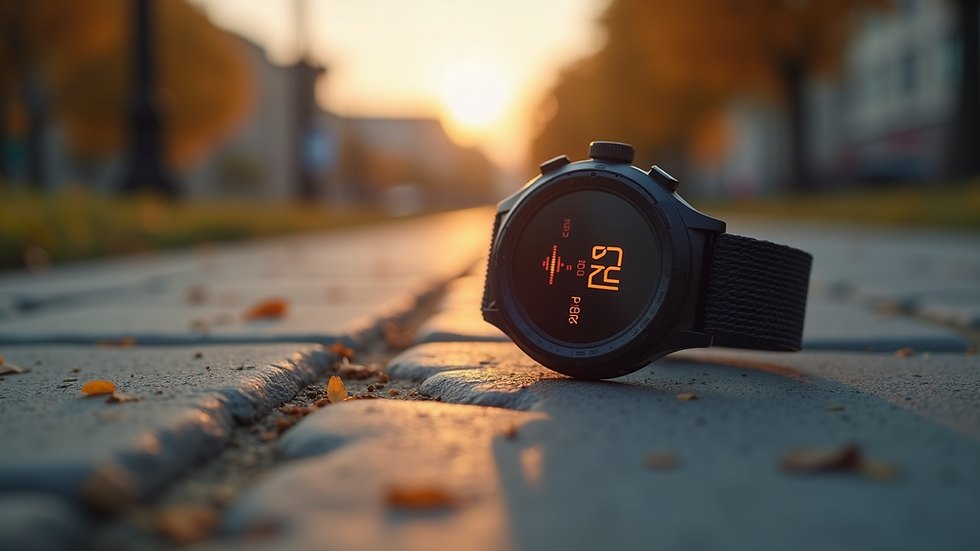 Eye-level view of a fitness tracker showing heart rate and steps