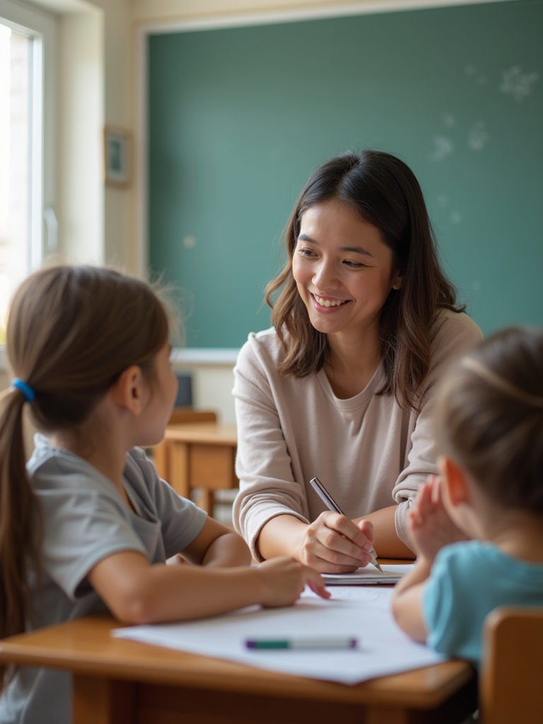 一位尽职尽责的幼儿教育工作者正在带领学生们进行小组活动。