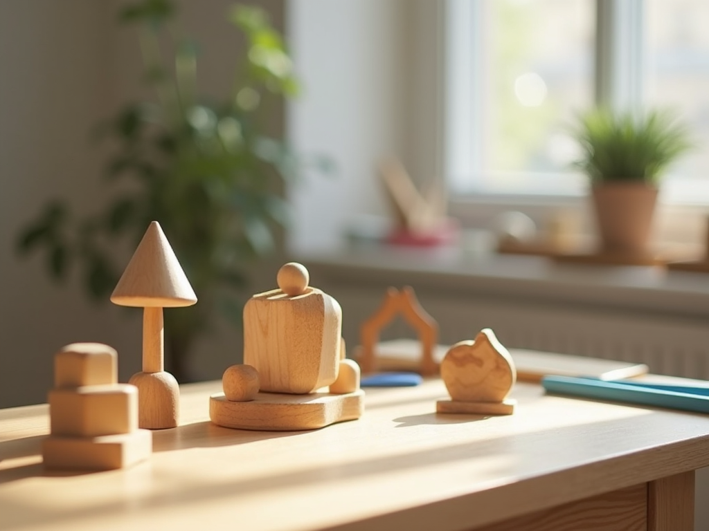 A serene learning environment featuring wooden educational blocks and a soft lit desk setup.