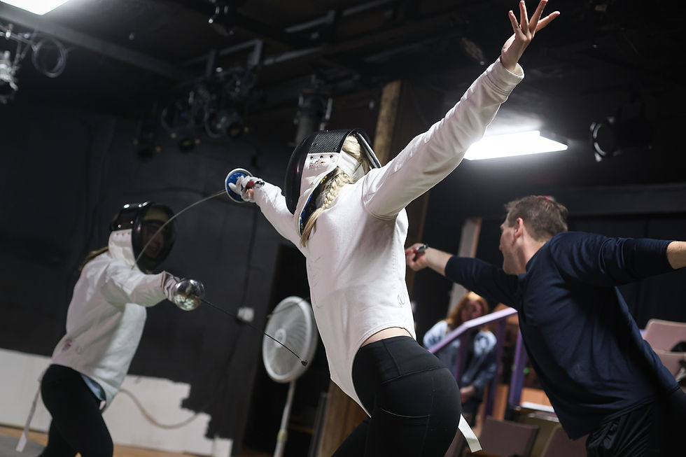 Left to right: Amanda Buchalter, Brittany Batell, and fight director Joe Wright in rehearsal, photo by Josie Eli Herman Acorn Photos