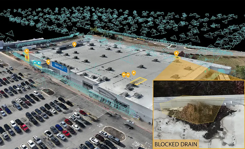 Blocked drain on the flat roof of a building
