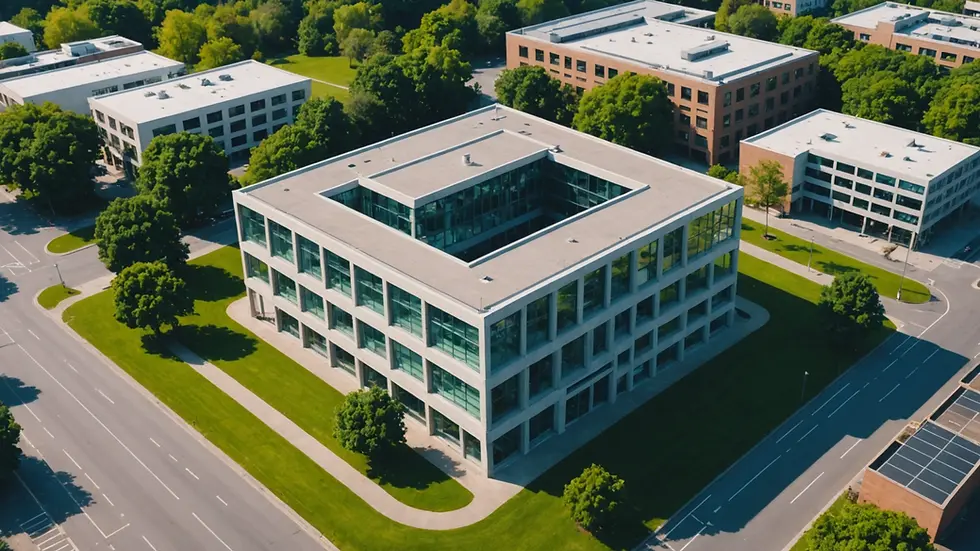 High angle view of a public building in a natural setting