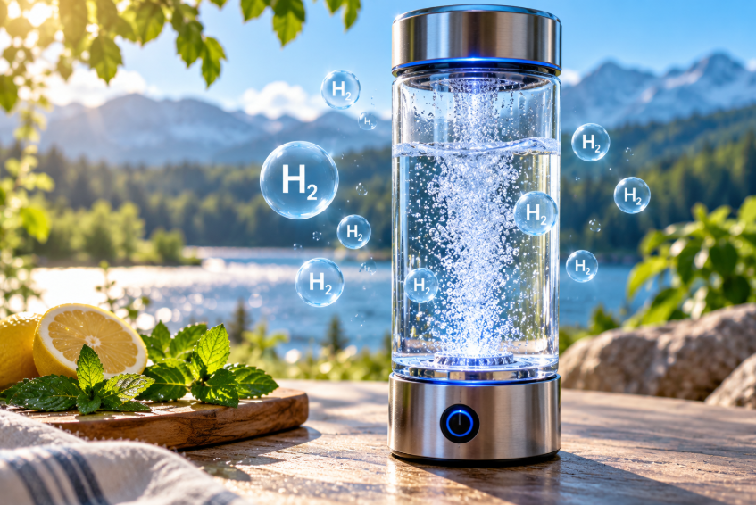 Hydrogen rich water with a nature background