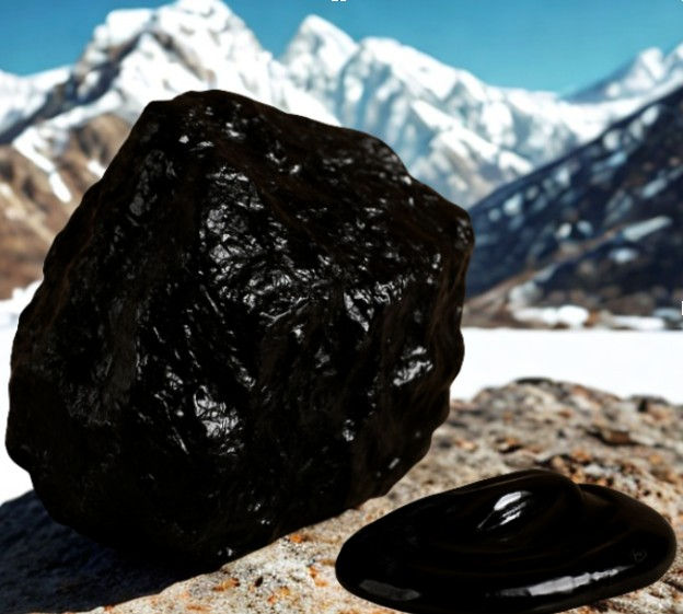 Shilajit on rock with mountain in the background