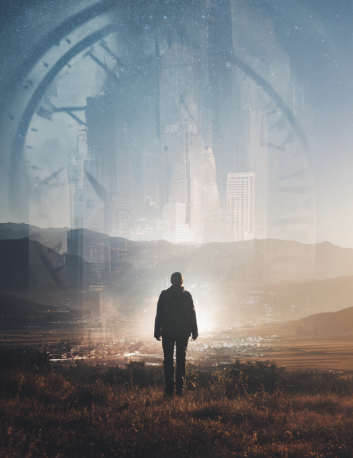 An image of a silhouetted man looking at an ethereal view of a city muted with a clock overlay