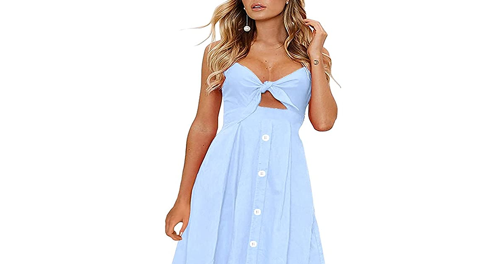 Thumbnail: FANCYINN Womens Tie Front Dress Summer V-Neck Spaghetti Strap Dresses Button dow