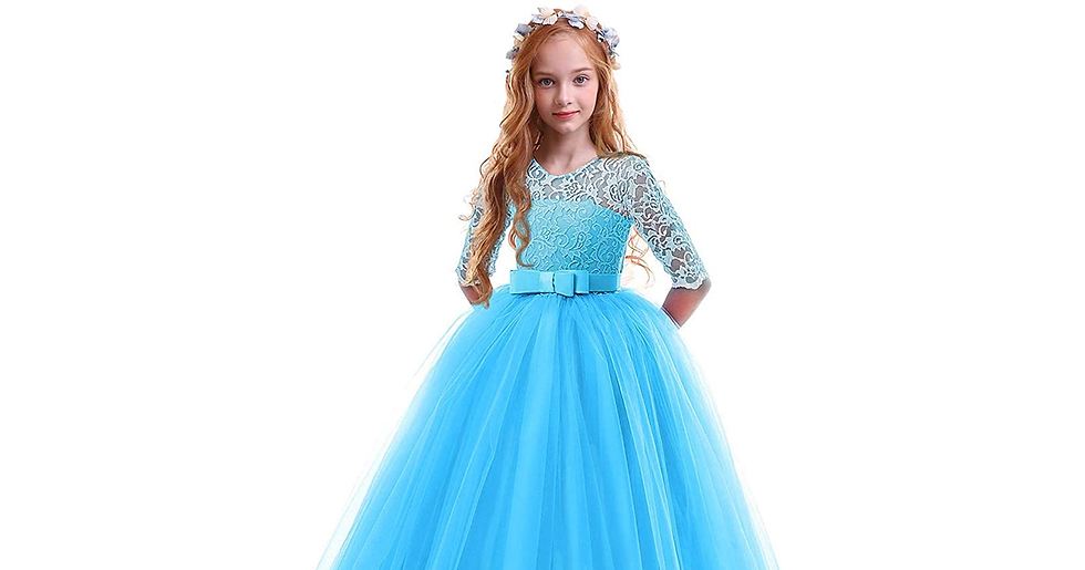 Thumbnail: IWEMEK Flower Girls 3/4 Sleeve Floral Lace Tulle First Communion Pageant Dresses