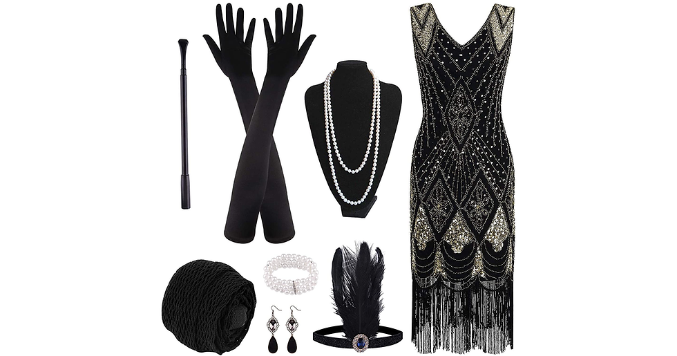 Thumbnail: PLULON 1920S Sequin Beaded Fringed Flapper Dress with 20S Accessories Set