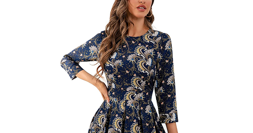 Thumbnail: Enmain Women'S Floral Vintage Dress Elegant Midi Evening Dress 3/4 Sleeves with 