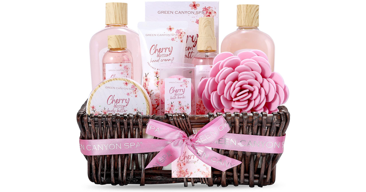 Green Canyon Spa Gift Set Mother'S Day Gift Bath Gift Set for Her Birthday Gift Baskets 10 Pcs Cherry Blossom Essential Oil Spa Gift Sets with Handmade Weaved Basket