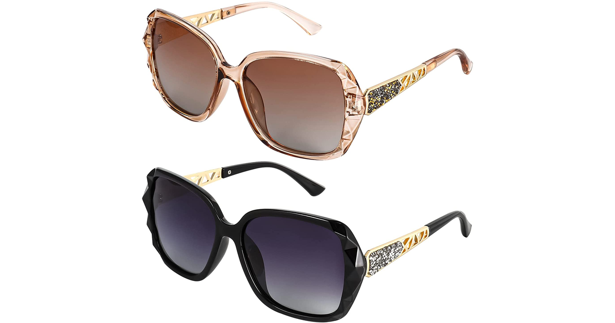 2Pcs Women Large Sunglasses, Classic Trend Ladies Sunglasses UV400 Protection Oversized Polarised Sunglasses Sparkling Large Frame Sunglasses for Women