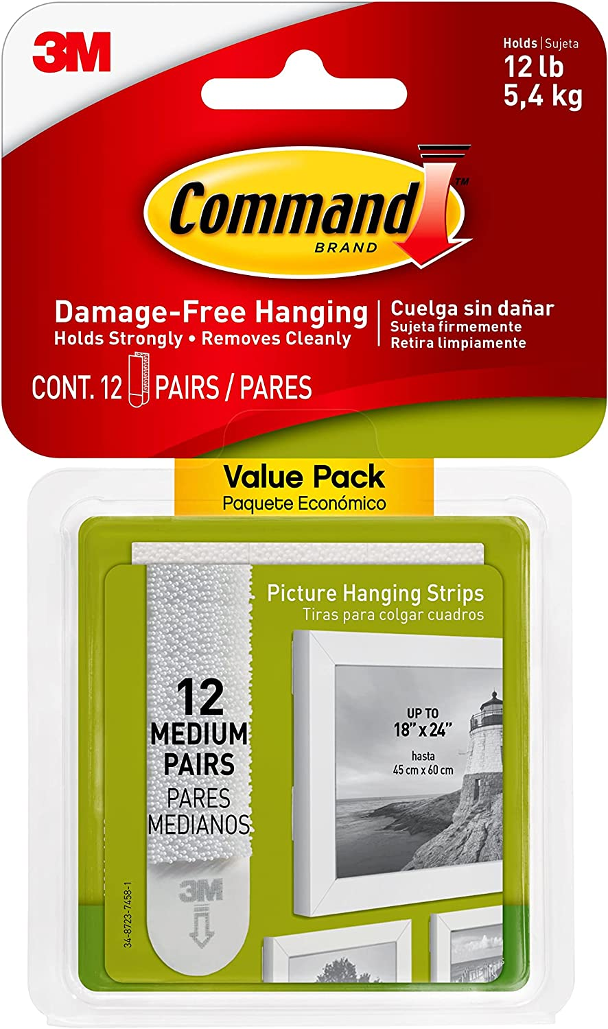 Thumbnail: Command Medium Picture Mounting Strips, Pack of 12 X 2 Adhesive Strips, White - 