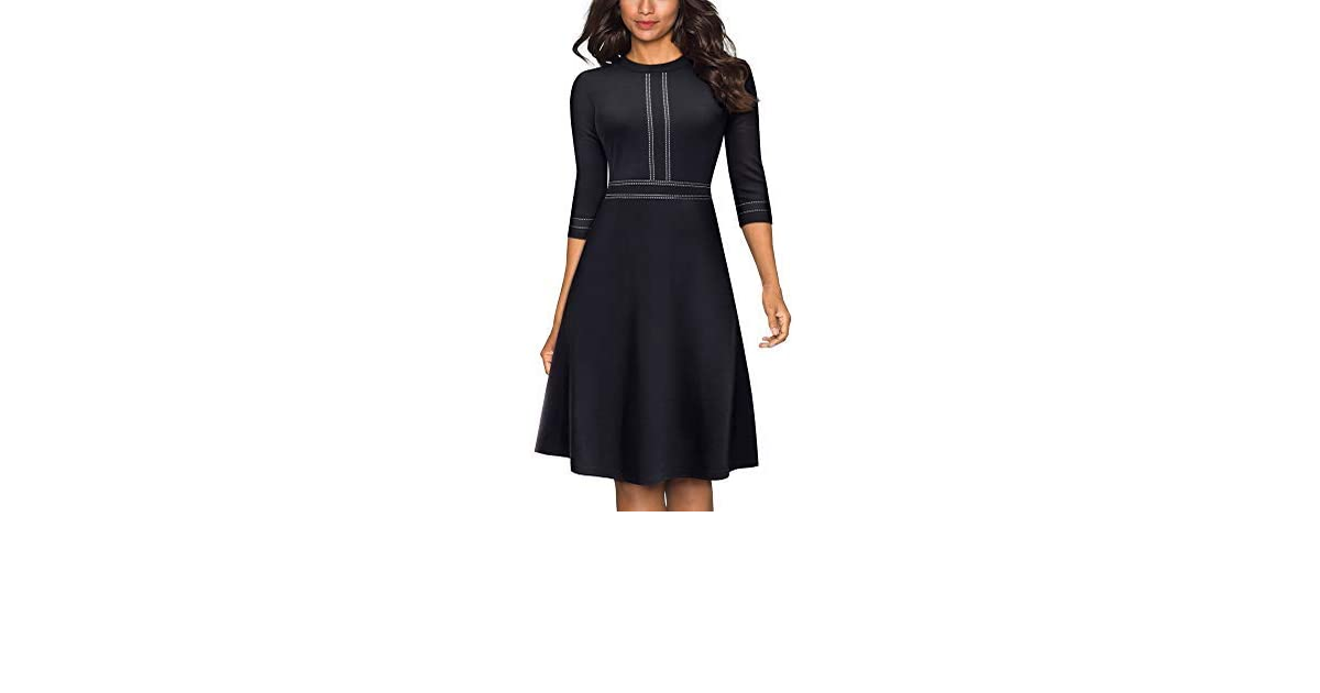 HOMEYEE Women'S Vintage Crew Neck 3/4 Sleeve Patchwork Cocktail Aline Dress A135