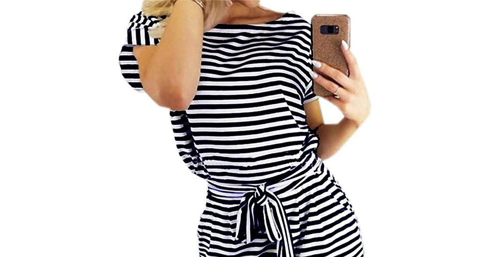 Thumbnail: Smile Fish Women'S Striped Elegant Short Sleeve Midi Dresses Pockets Casual Penc