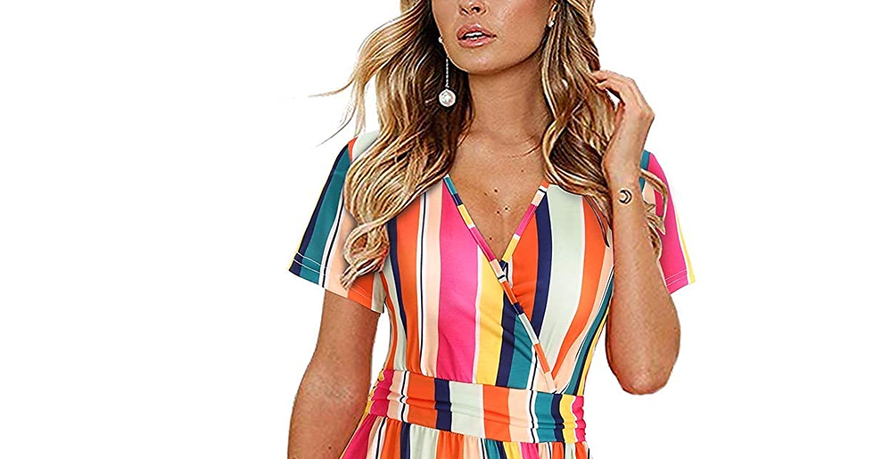 Thumbnail: OUGES Women'S Summer Short Sleeve V-Neck Floral Casual Ladies Dress with Pockets