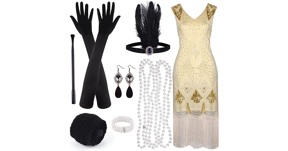 Thumbnail: PLULON 1920S Sequin Beaded Fringed Flapper Dress with 20S Accessories Set