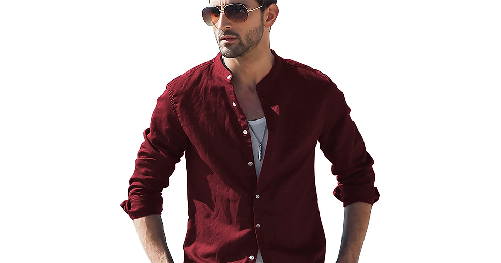 Thumbnail: LVCBL Mens Casual Cotton Shirt Long Sleeve Band Collar Henley Shirt Tops