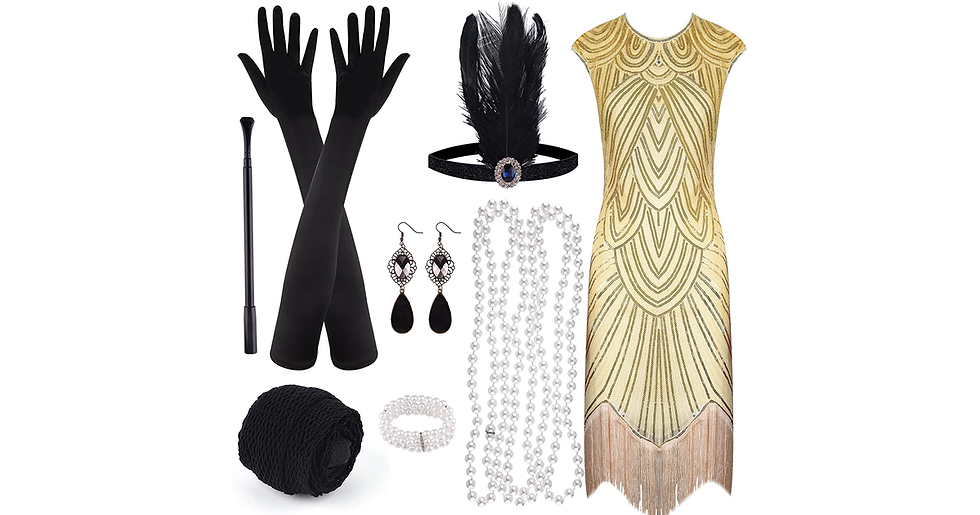 Thumbnail: PLULON 1920S Sequin Beaded Fringed Flapper Dress with 20S Accessories Set