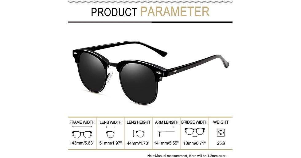 Thumbnail: Joopin Semi-Rimless Polarised Sunglasses Man - UV400 Protection Retro Half Frame