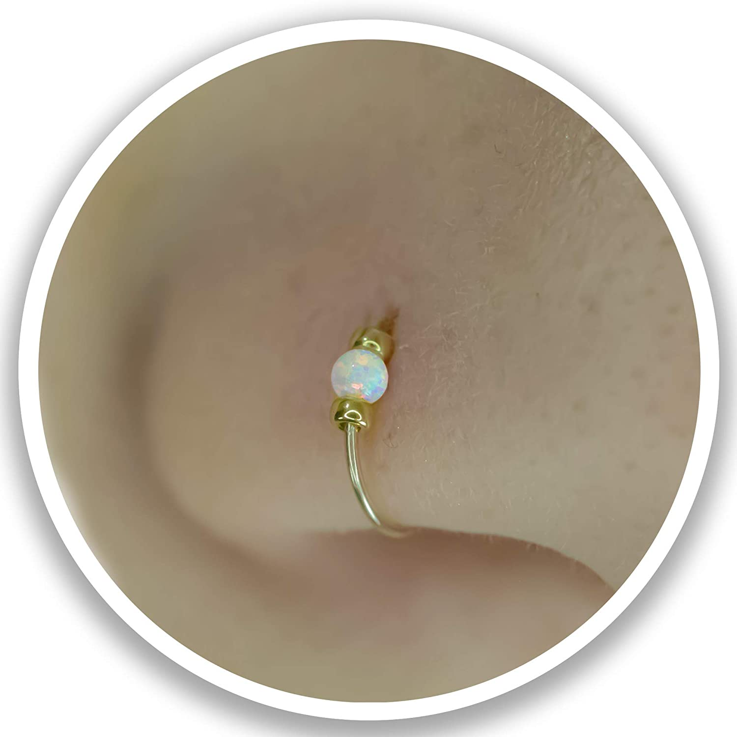 Thin 14K Gold Filled Tiny Nose Ring Hoop - 2 Mm White Opal Piercing Nose Hoop -