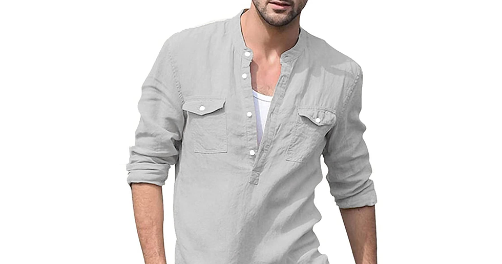 Thumbnail: LVCBL Mens Casual Cotton Shirt Long Sleeve Band Collar Henley Shirt Tops