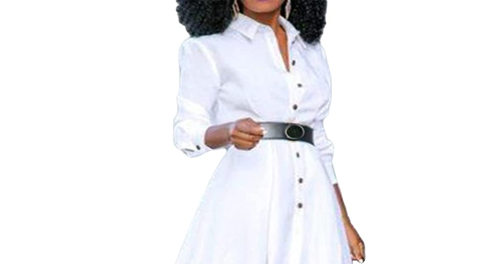 Thumbnail: VONDA Women Long Sleeve Maxi Dresses Full Length Button Shirt Dress with Asymmet