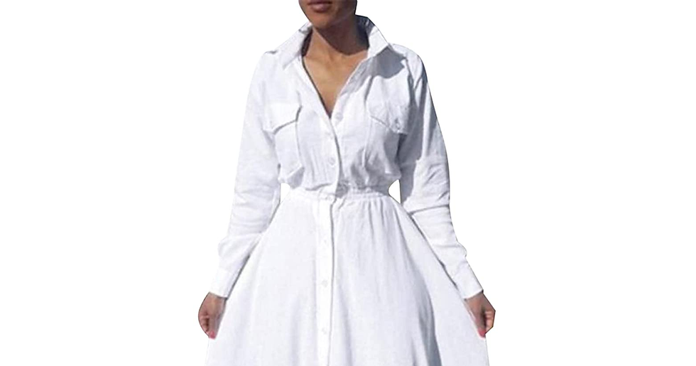 Thumbnail: VONDA Women Long Sleeve Maxi Dresses Full Length Button Shirt Dress with Asymmet