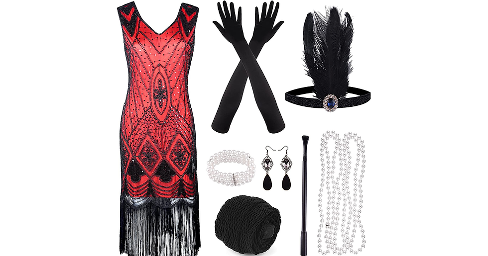 Thumbnail: PLULON 1920S Sequin Beaded Fringed Flapper Dress with 20S Accessories Set