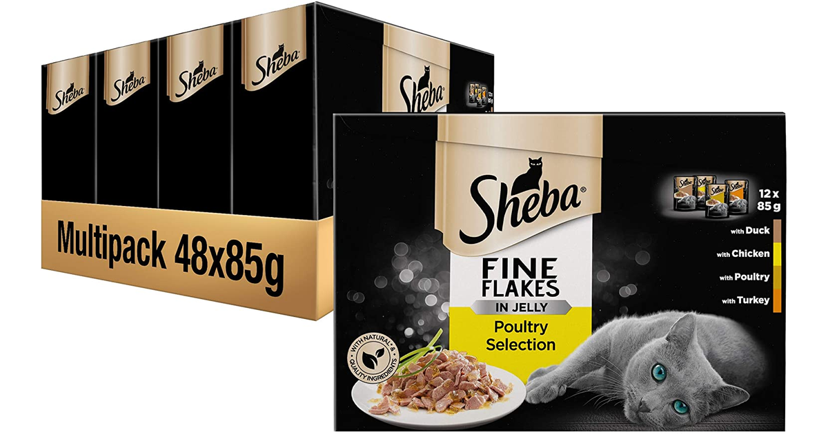 Sheba Fine Flakes in Jelly – Poultry Collection – Wet Cat Food Pouches for Adult Cats – 48 X 85 G Pack