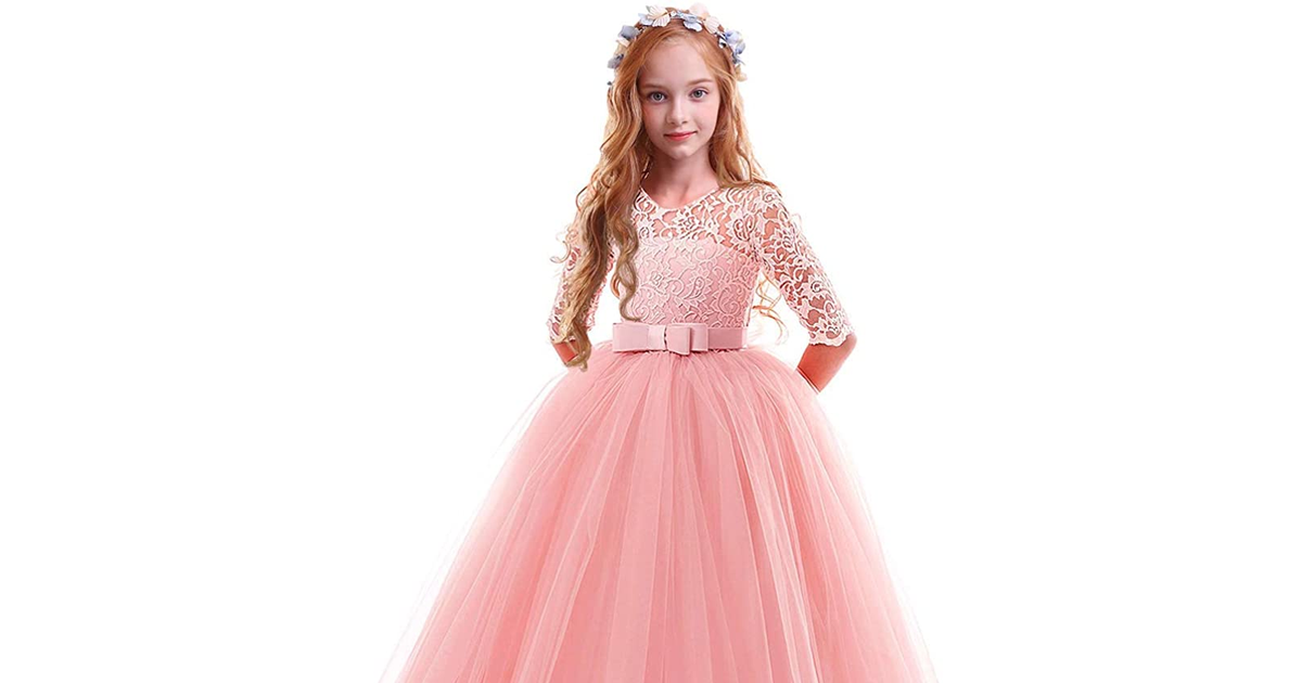 IWEMEK Flower Girls 3/4 Sleeve Floral Lace Tulle First Communion Pageant Dresses