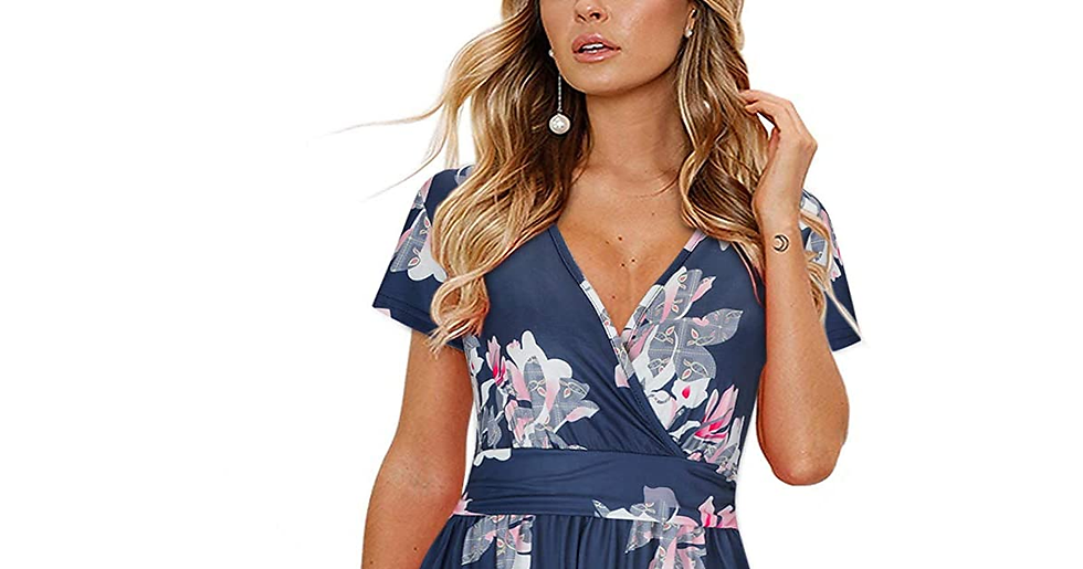 Thumbnail: OUGES Women'S Summer Short Sleeve V-Neck Floral Casual Ladies Dress with Pockets