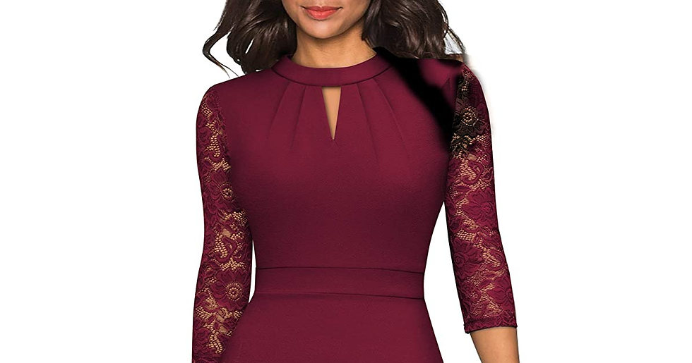 Thumbnail: HOMEYEE Women'S Elegant Hollow Out Lace Sleeve Swing Pleated Party Cocktail Dres