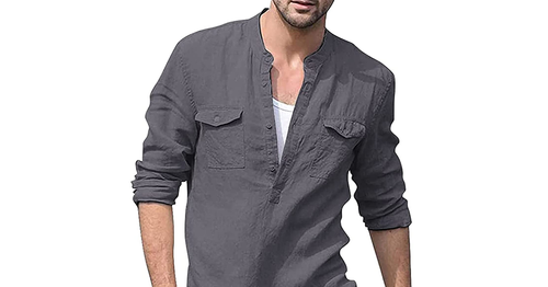 LVCBL Mens Casual Cotton Shirt Long Sleeve Band Collar Henley LVCBL Mens Casual Cotton Shirt Long Sleeve Band Collar Henley