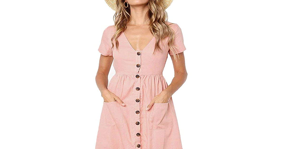 Thumbnail: Summer Dresses for Women Casual Midi Dress Short Sleeve Shirt Dress V Neck Butto