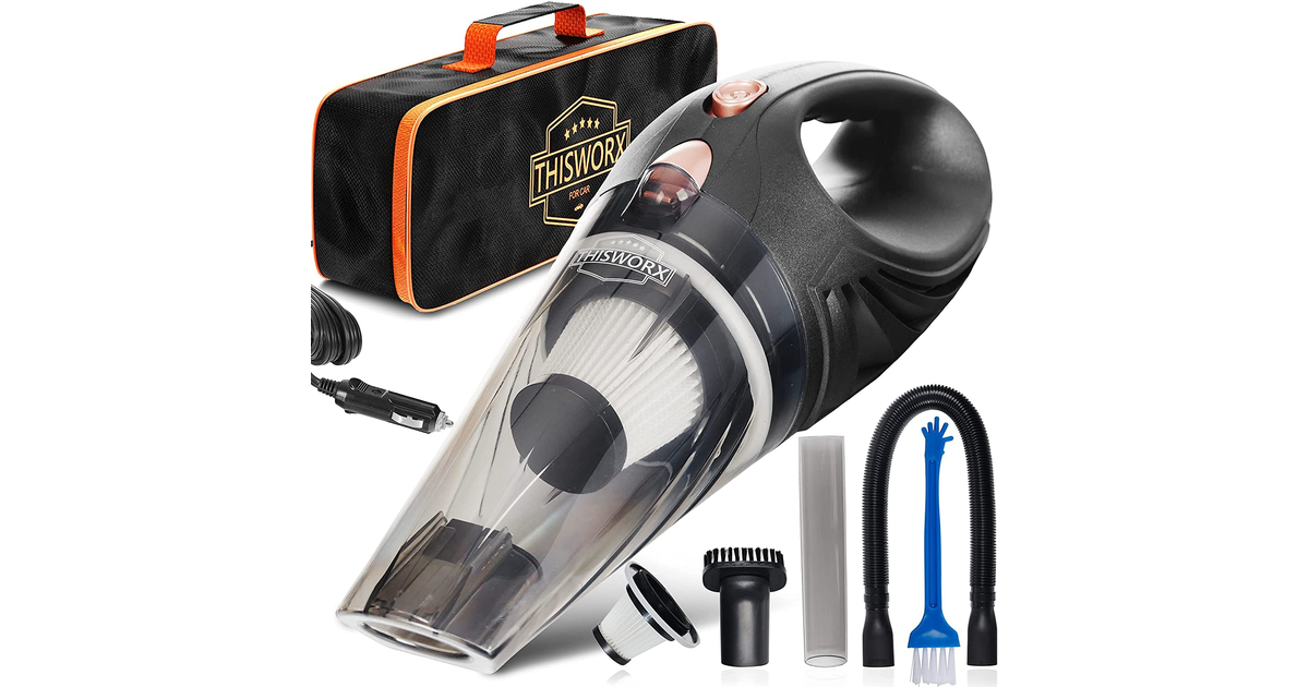 Thisworx Car Vacuum Cleaner - Portable, Lightweight, Powerful, Handheld Vacuums W/Strong Suction, 3 Attachment Accessories, Carry Case - 12V, 4.8M Cord - Car Cleaning Kit