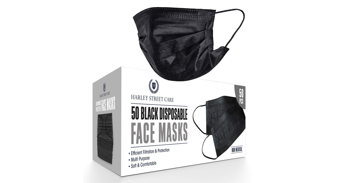 Harley Street Care Disposable Black Face Masks Protective 3 Ply Breathable Tripl