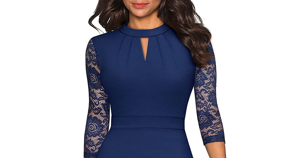 Thumbnail: HOMEYEE Women'S Elegant Hollow Out Lace Sleeve Swing Pleated Party Cocktail Dres