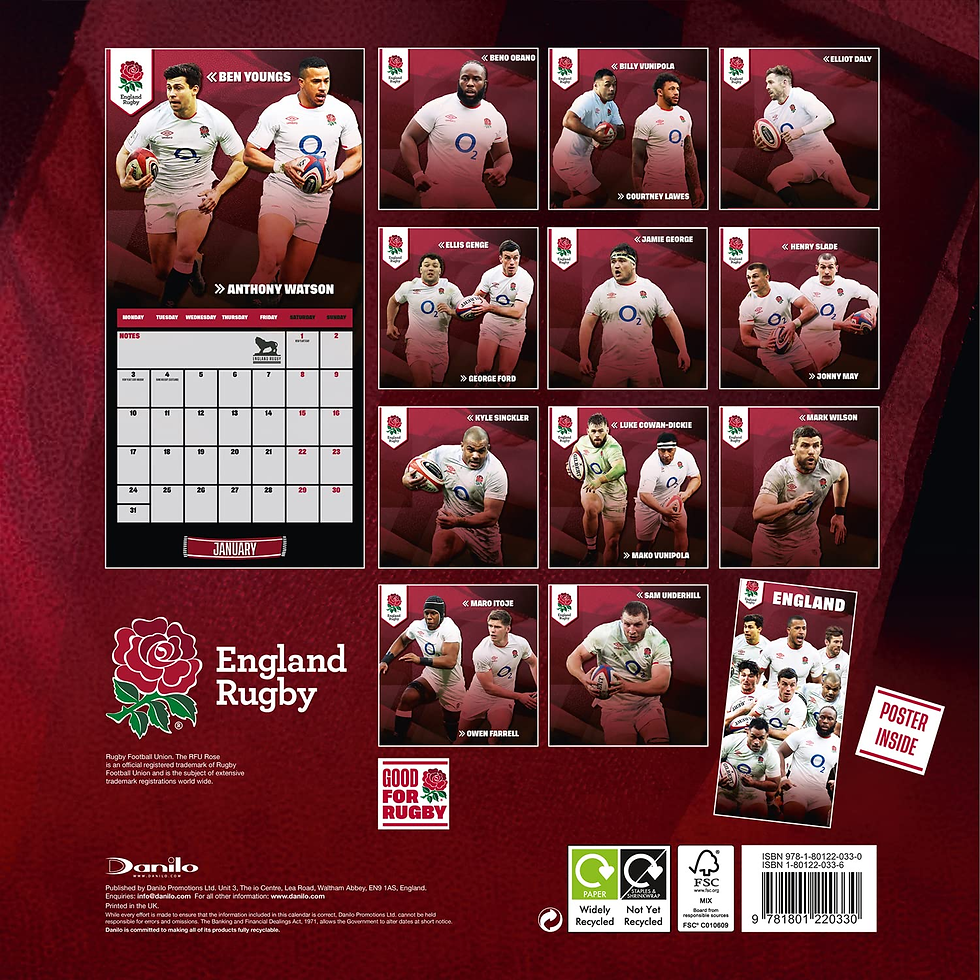 Thumbnail: Official England Rugby Union 2022 Calendar - Month to View Square Wall Calendar